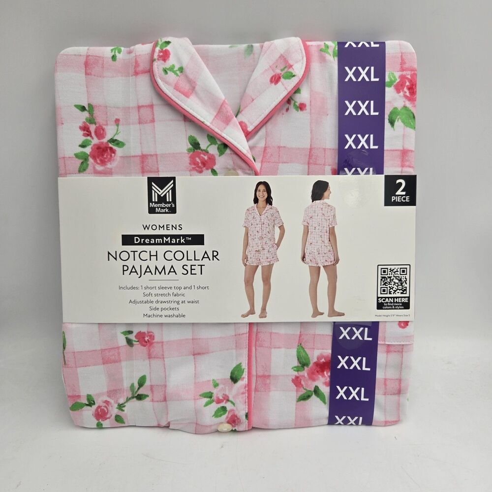 Member's Mark Women's XXL Pajama Set Pink Floral Plaid Short Sleeve Shorts NWT